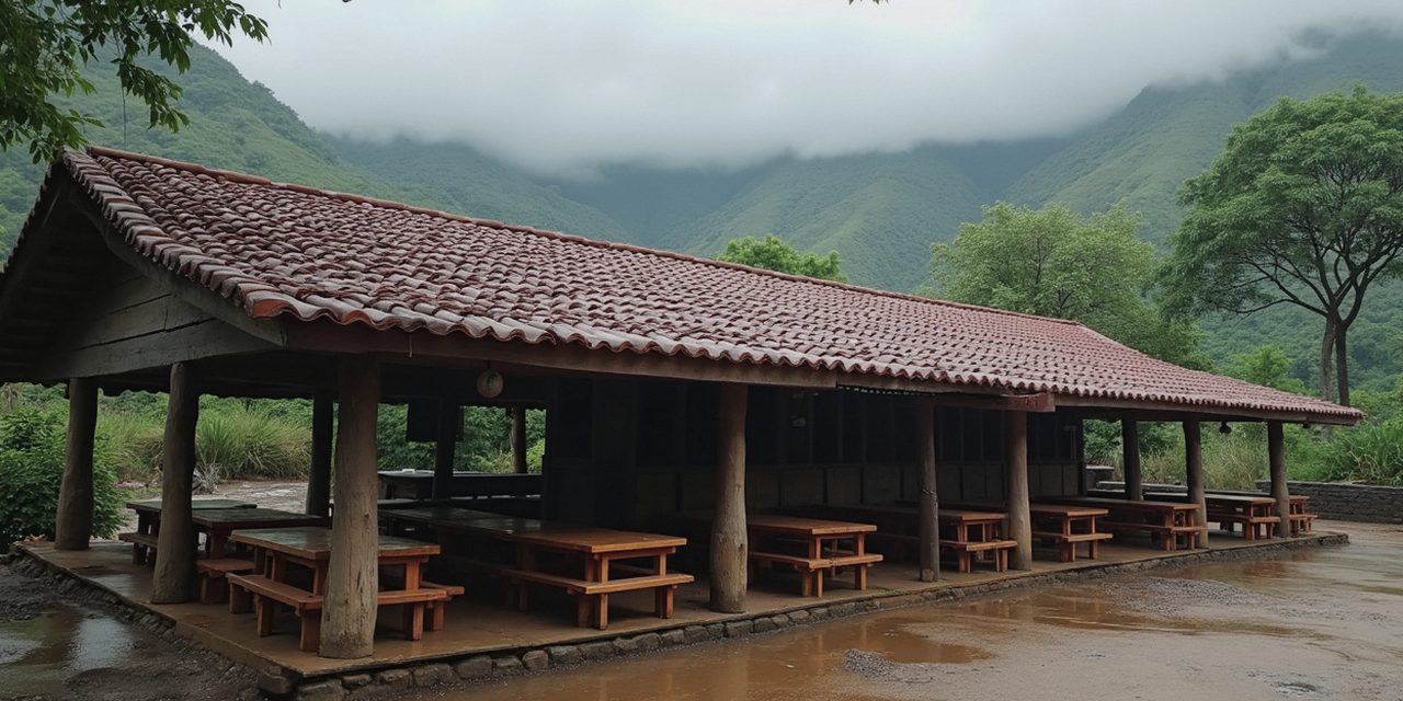 Open-air seating at Bridge House with the Karjat hills behind