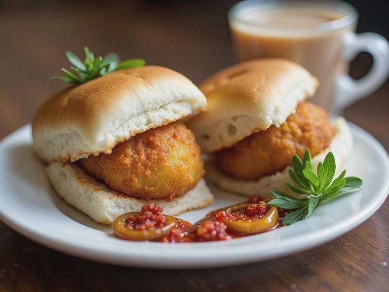 Vada pav with fried chillies and chai